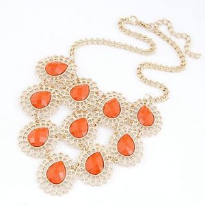 Gold Metal Necklace with Cute Orange Gems Flower Pendant