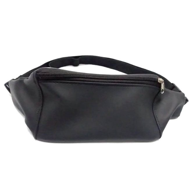 A black genuine leather waist bag exudes both style and functionality.