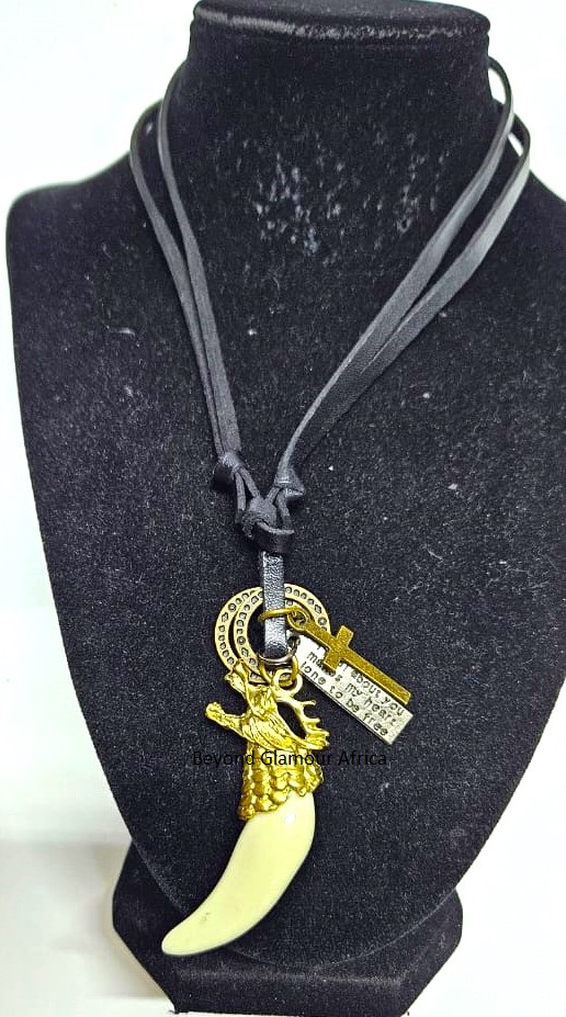 The leather cord adorned with a rhino horn pendant