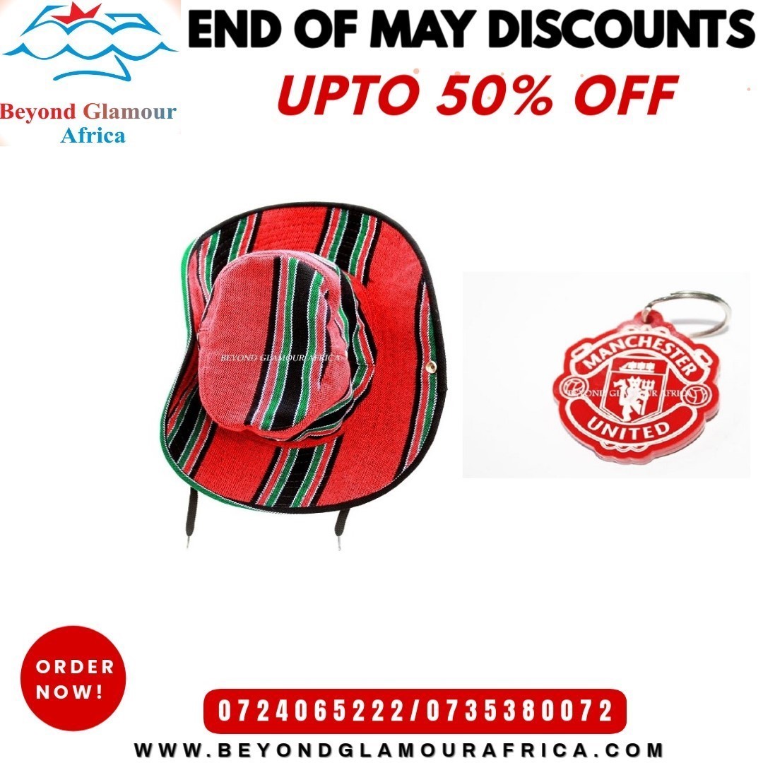 A multi colored sunhat and a red Manchester united keyholder combo