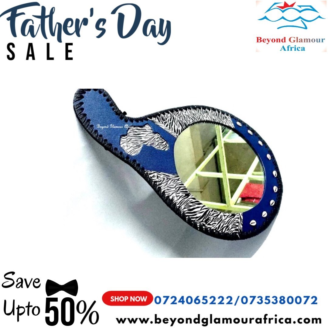 A blue leather calabash mirror very fashionable to have