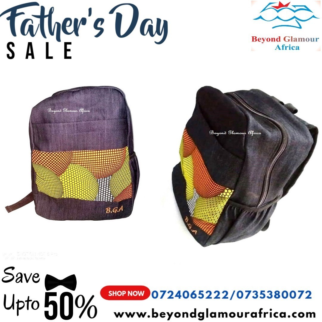 An unisex denim Ankara back pack very fashionable