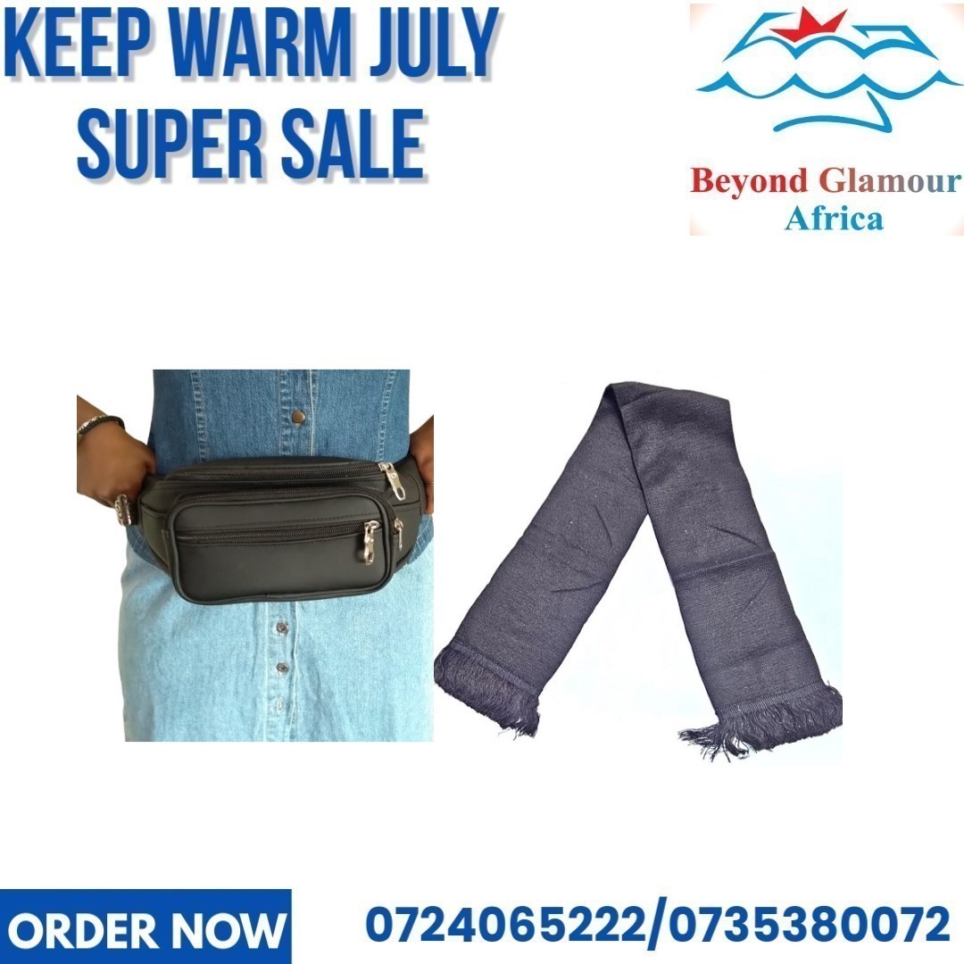 A black knitted scarf and a black waist bag combo very fashionable to have