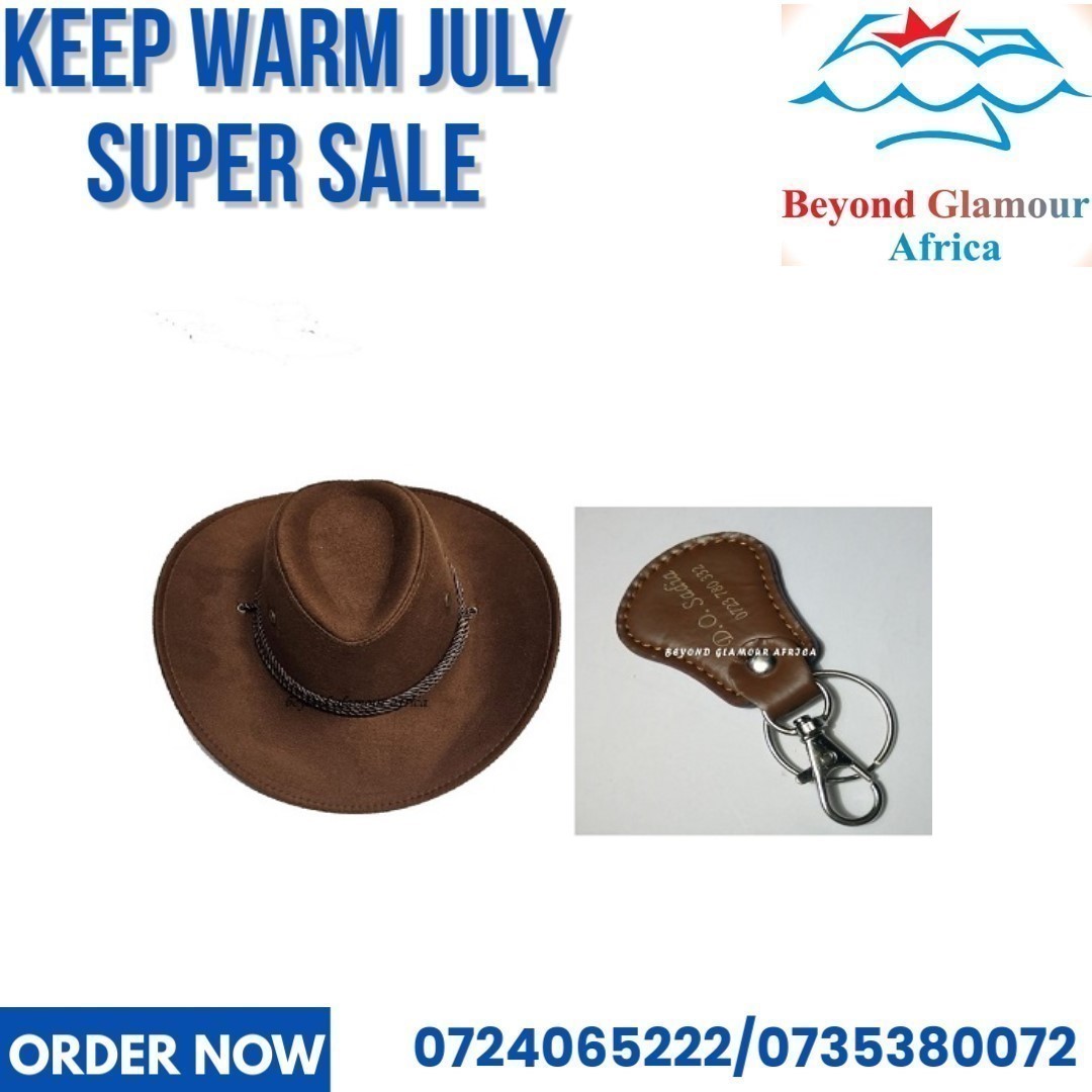 A brown cowboy hat and a brown keyholder combo very fashionable to have