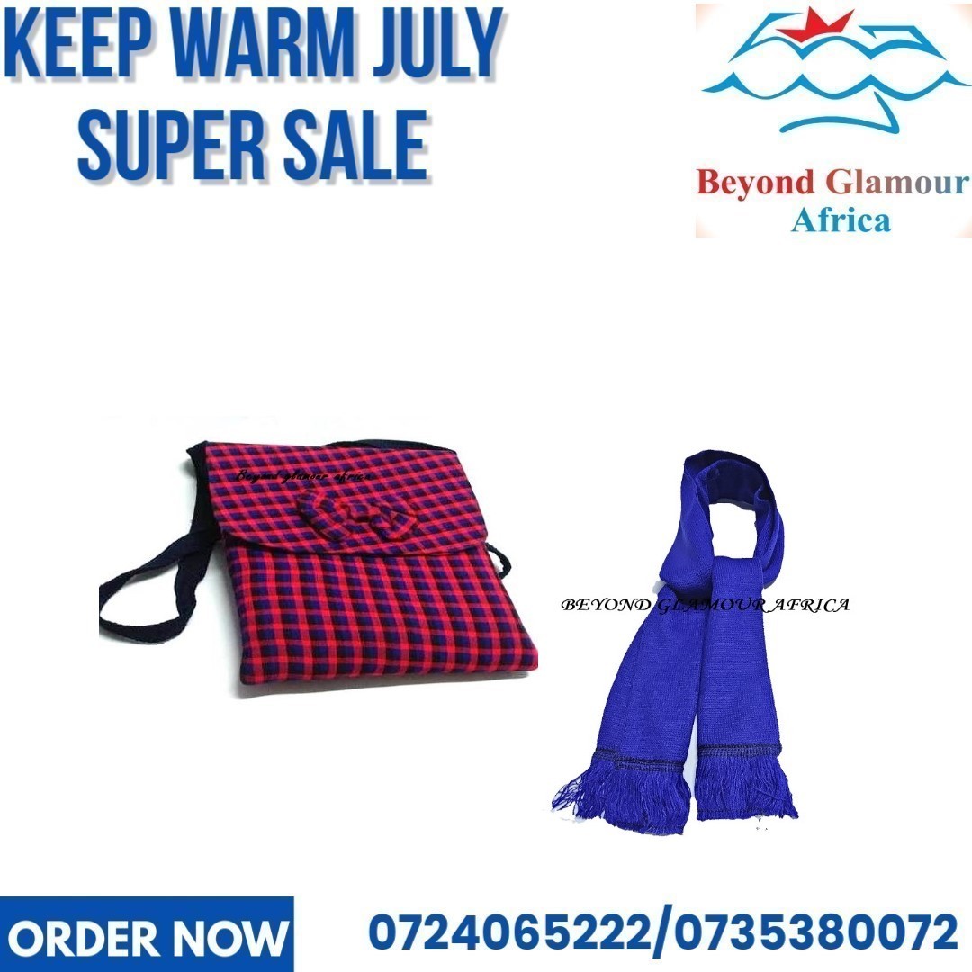 A blue knitted scarf and a blue pink sling bag combo very fashionable to have