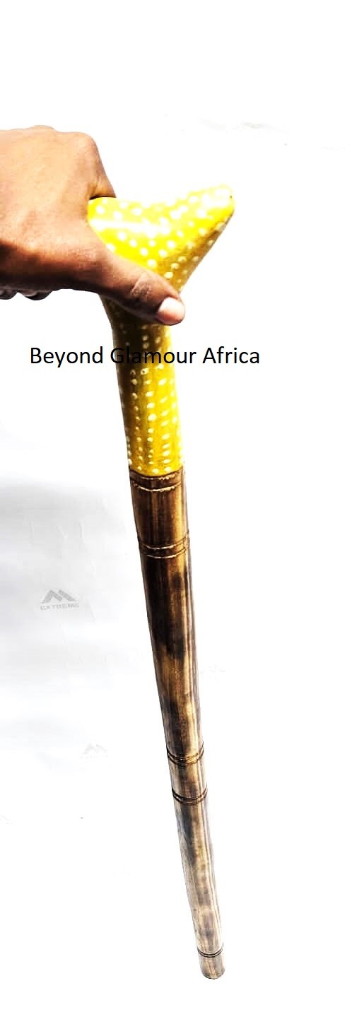 striking yellow handle wooden walking stick