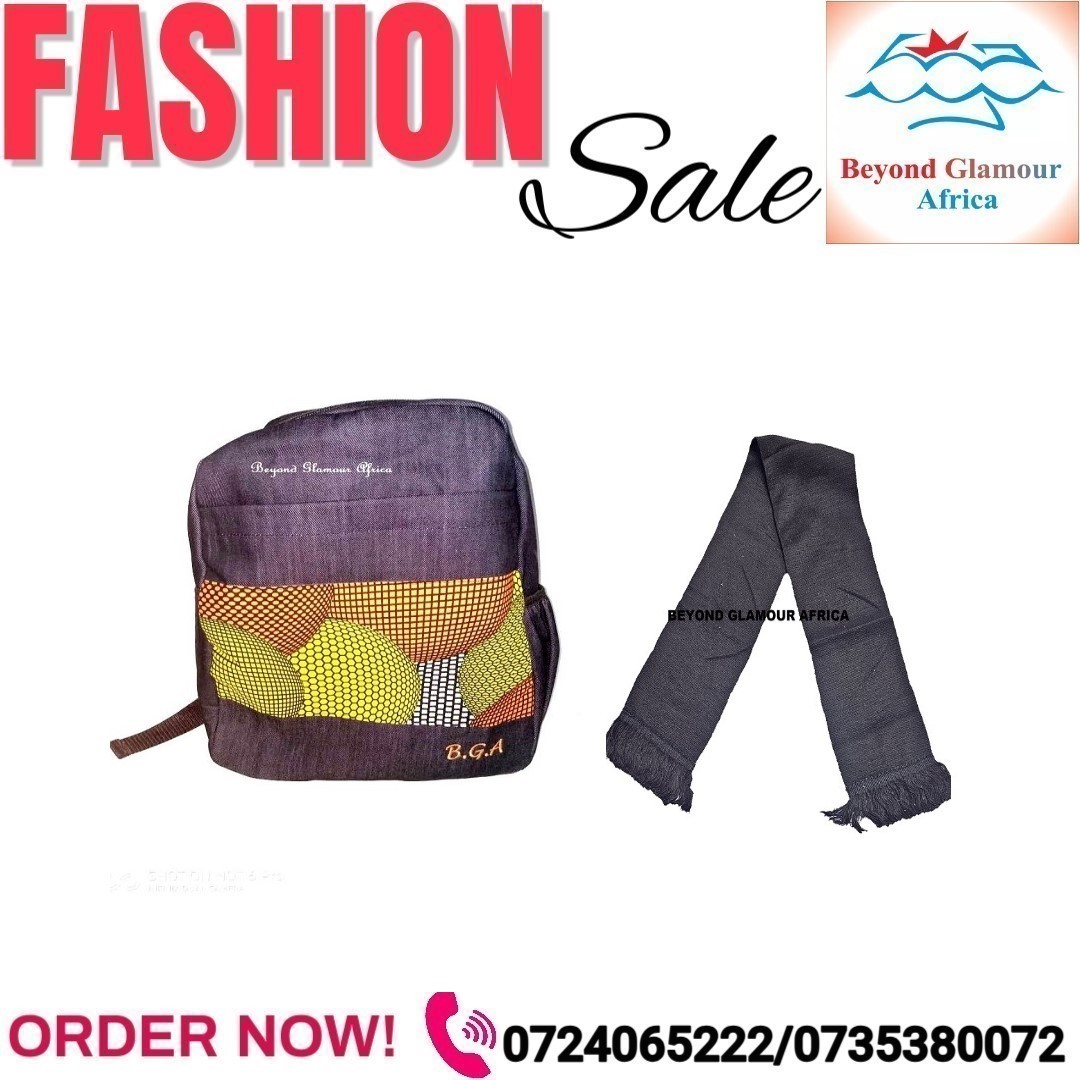 A denim Ankara backpack and a black knitted scarf combo