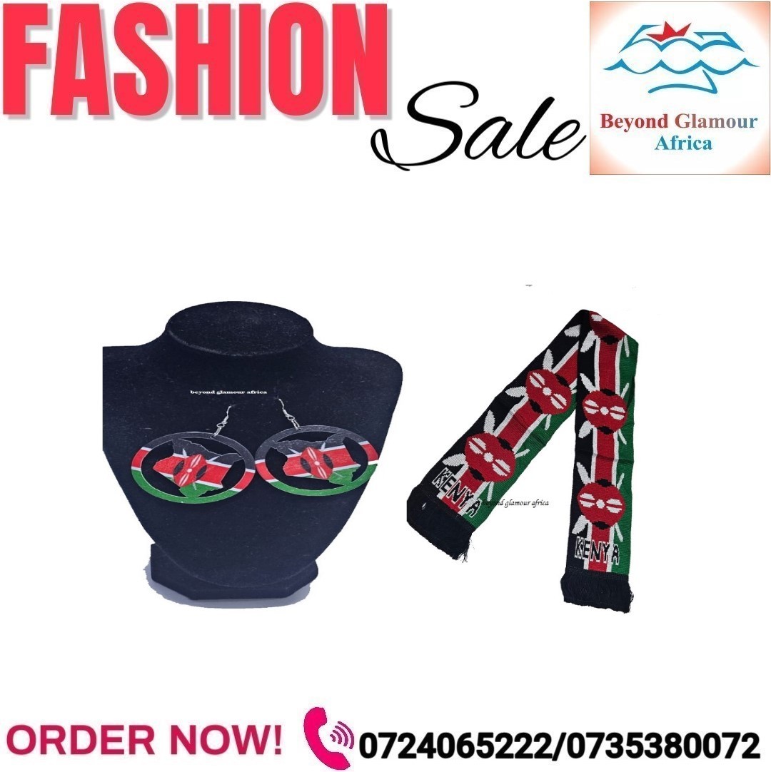 A Kenyan knitted scarf and a Kenyan earrings combo very fashionable