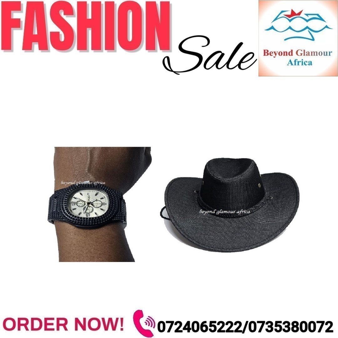 Men's black wristwatch and black cowboy hat combo