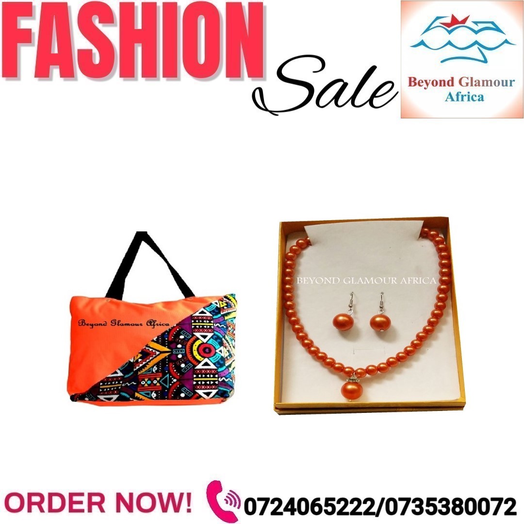 Ladies orange canvas Ankara handbag and a brown wooden friend bracelet combo