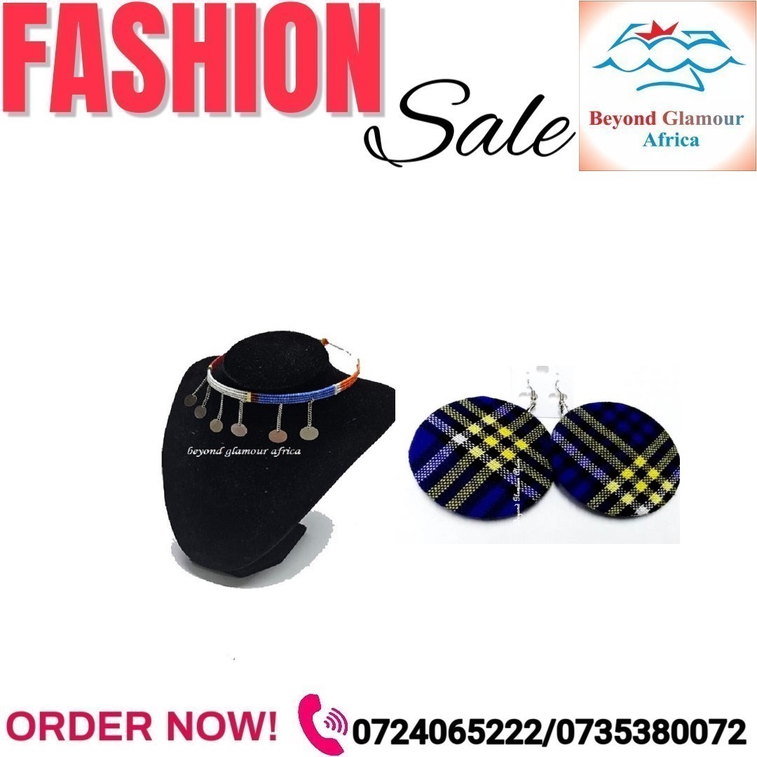 Ladies maasai neck choker and a blue cloth maasai earrings combo
