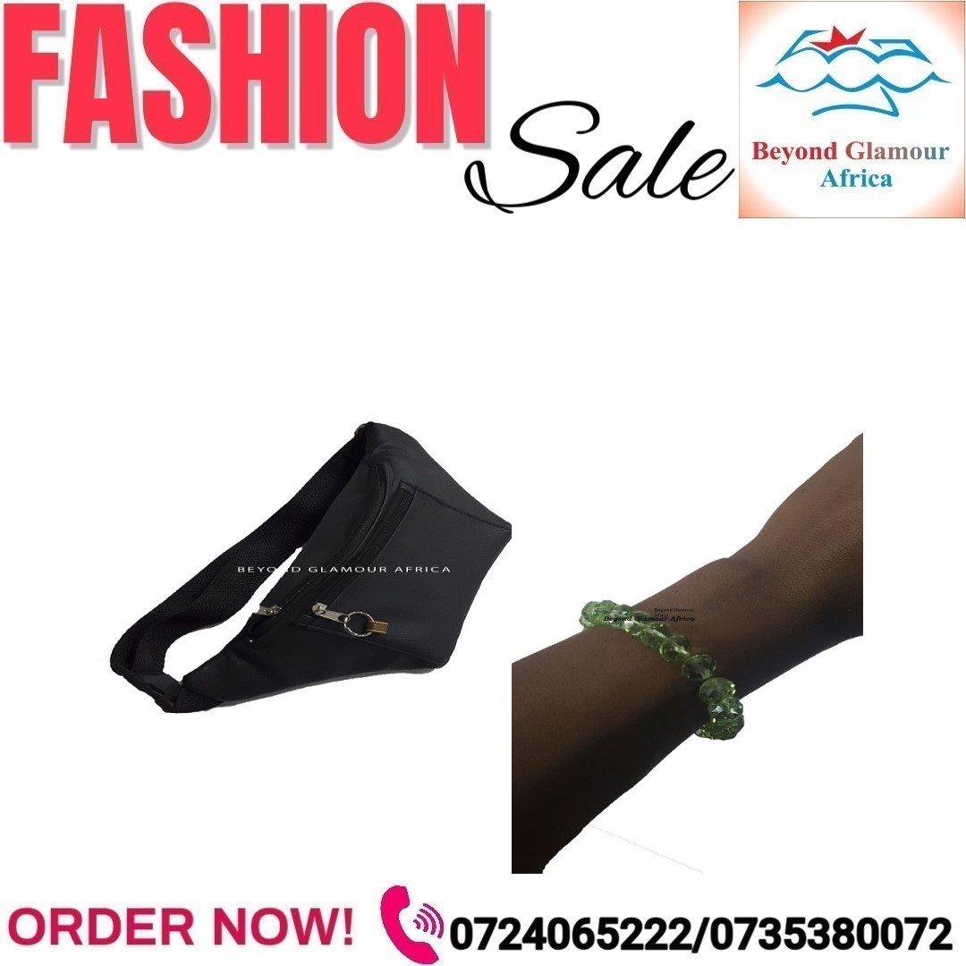 Unisex black leather waistbag and a single green crystal bracelet combo very fashionable to have