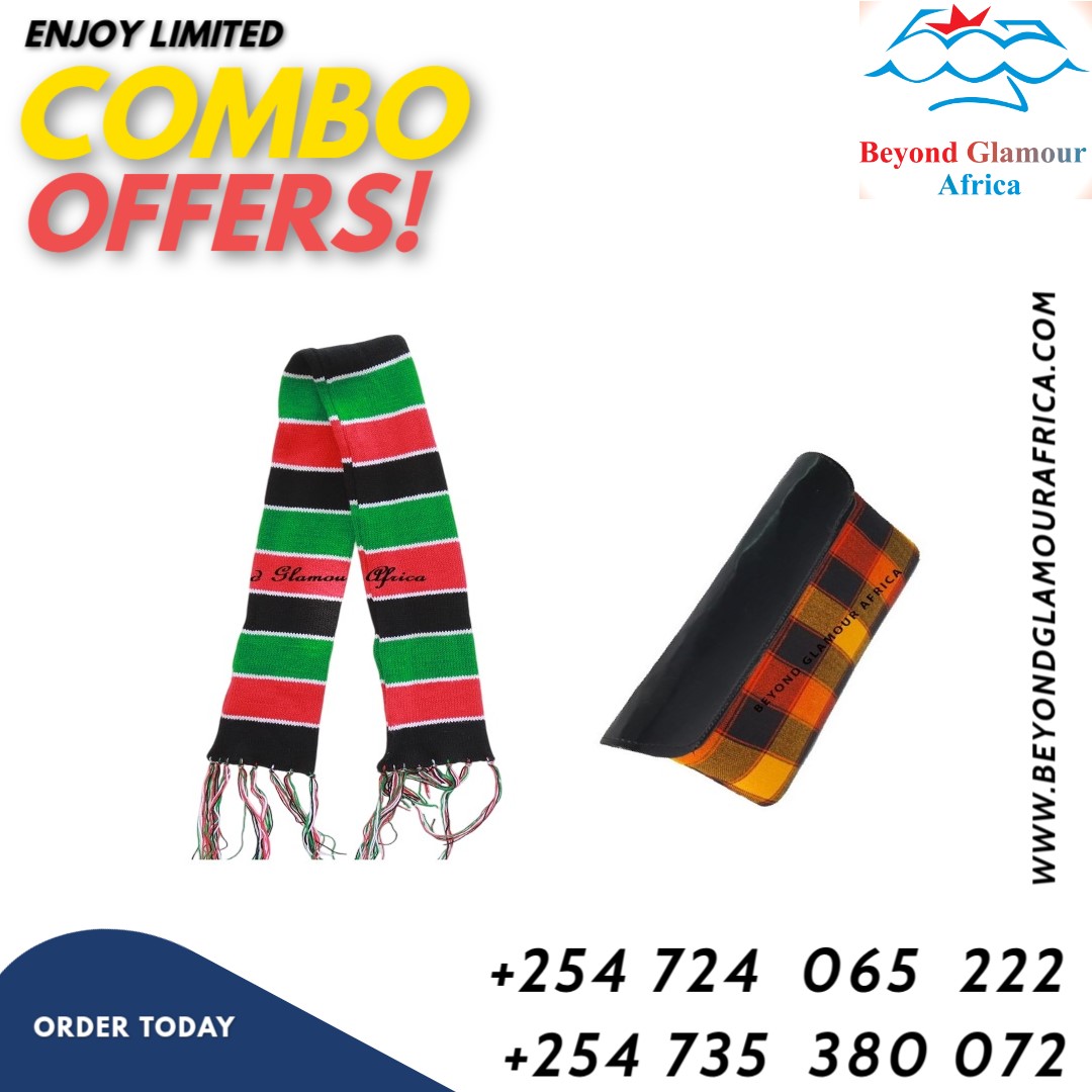 A Kenyan knitted scarf and a maasai jute clutch bag combo very fashionable