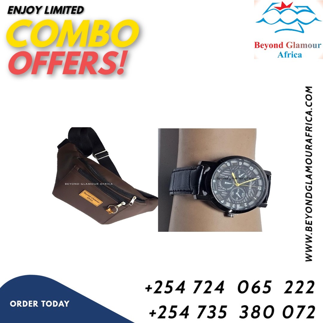 Unisex brown leather waist bag and black skeleton watch combo very fashionable