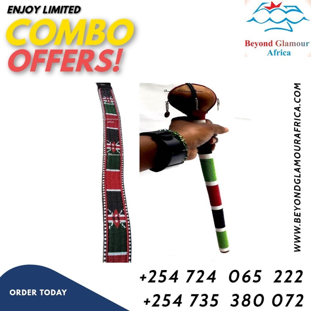 Men's black Kenyan beaded leather belt and a Kenyan beaded rungu combo