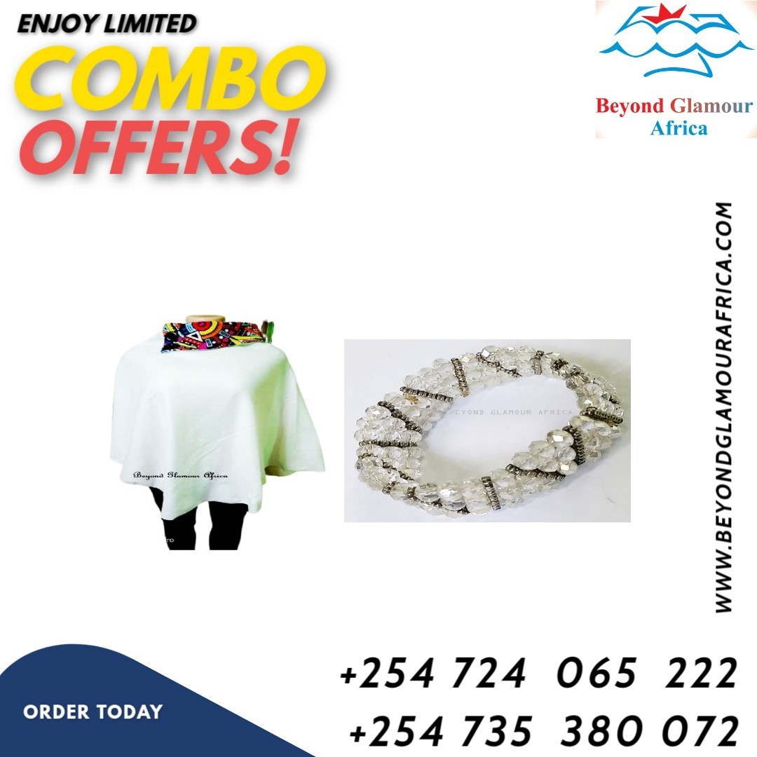 Ladies white Ankara poncho and a matching white crystal triple bracelet combo