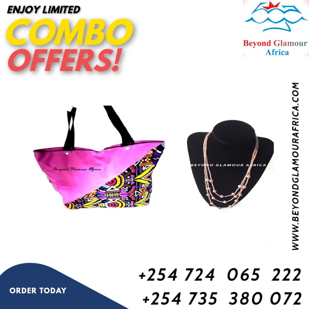 Ladies pink Ankara canvas handbag and a pink pearl necklace combo