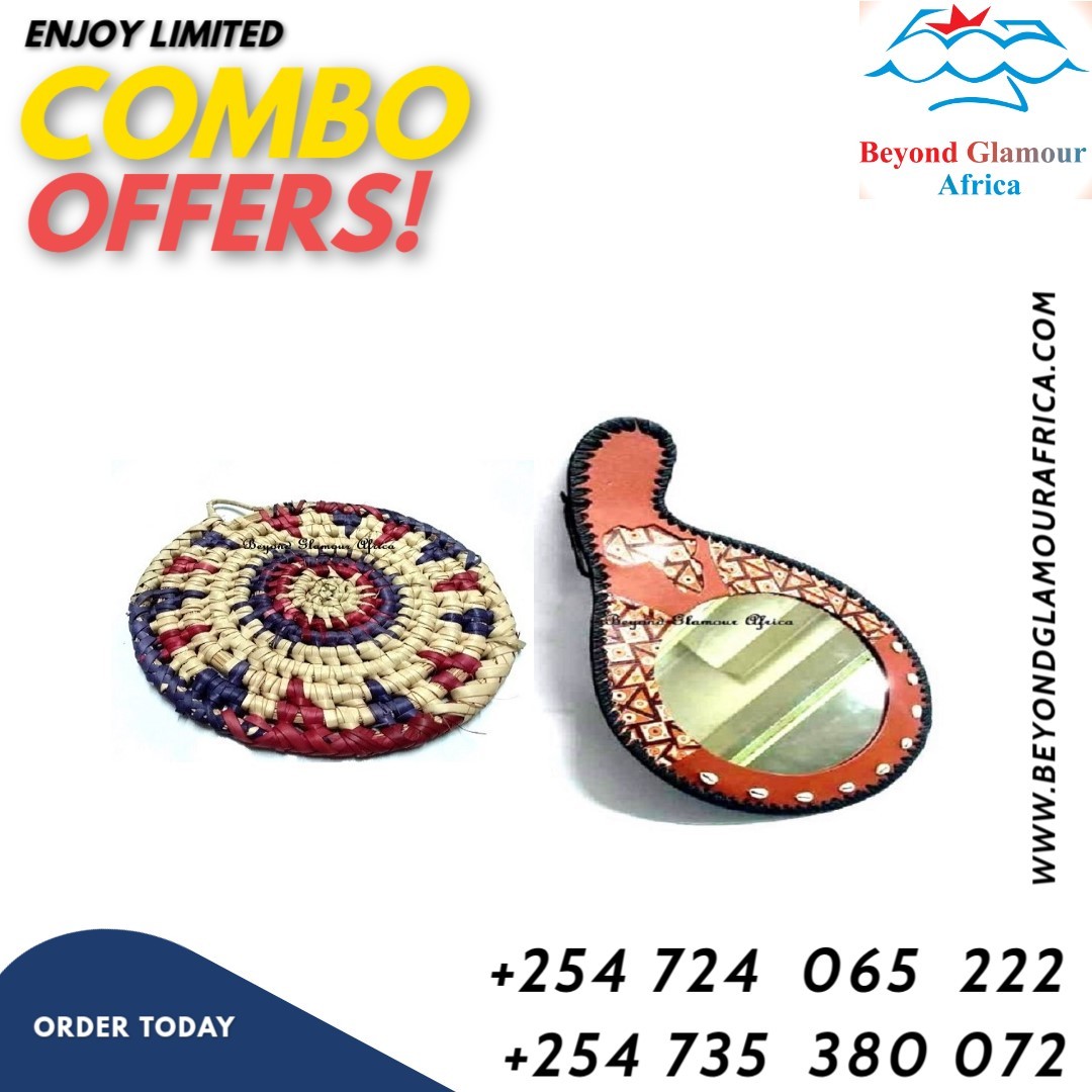 A brown leather mirror and a blue and pink coaster combo very fashionable