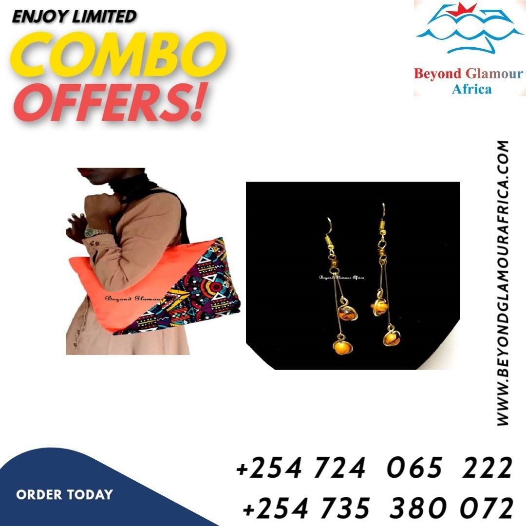 ladies orange Ankara canvas handbag and matching golden orange crystal earrings combo