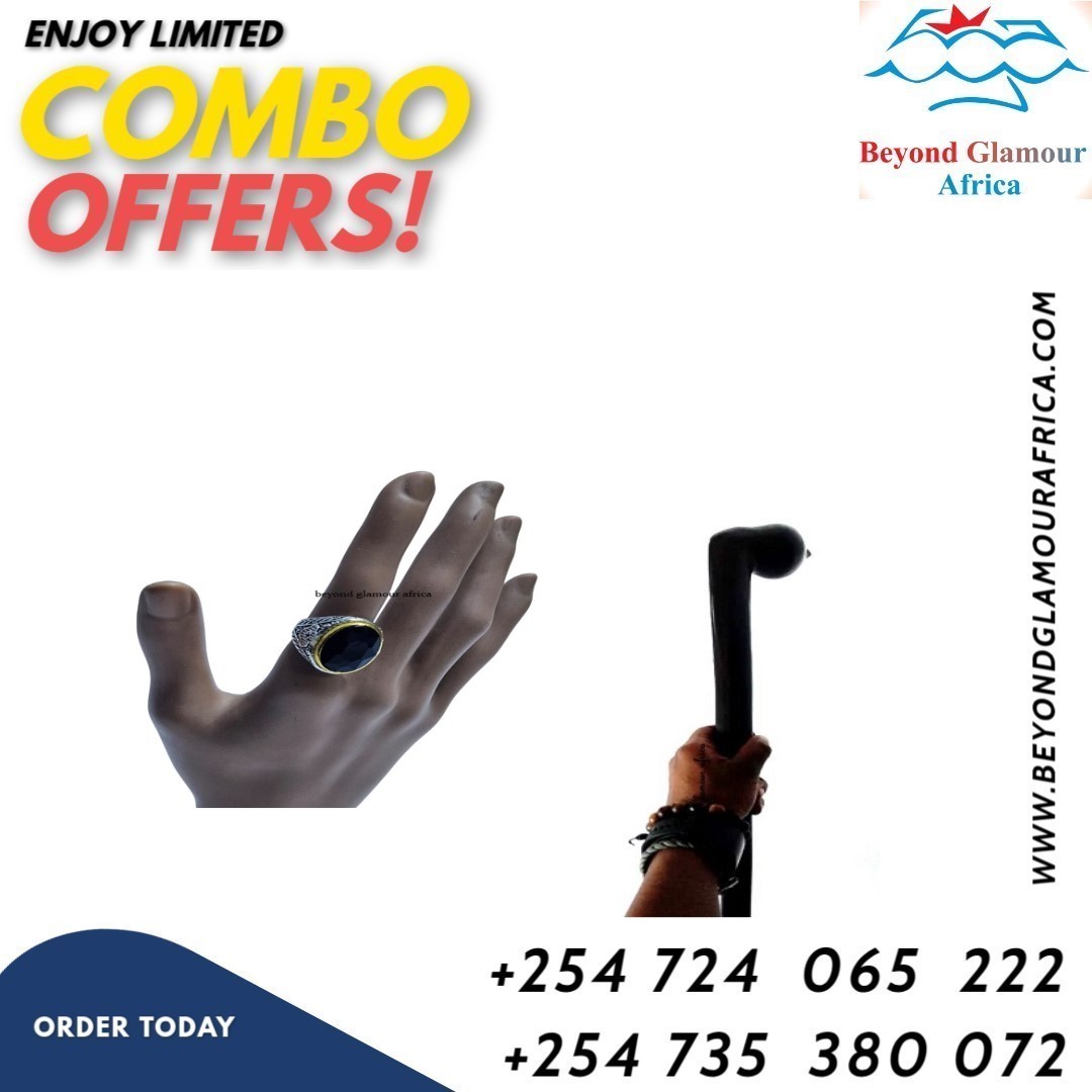 Men's black stone silver ring and a black wooden rungu combo