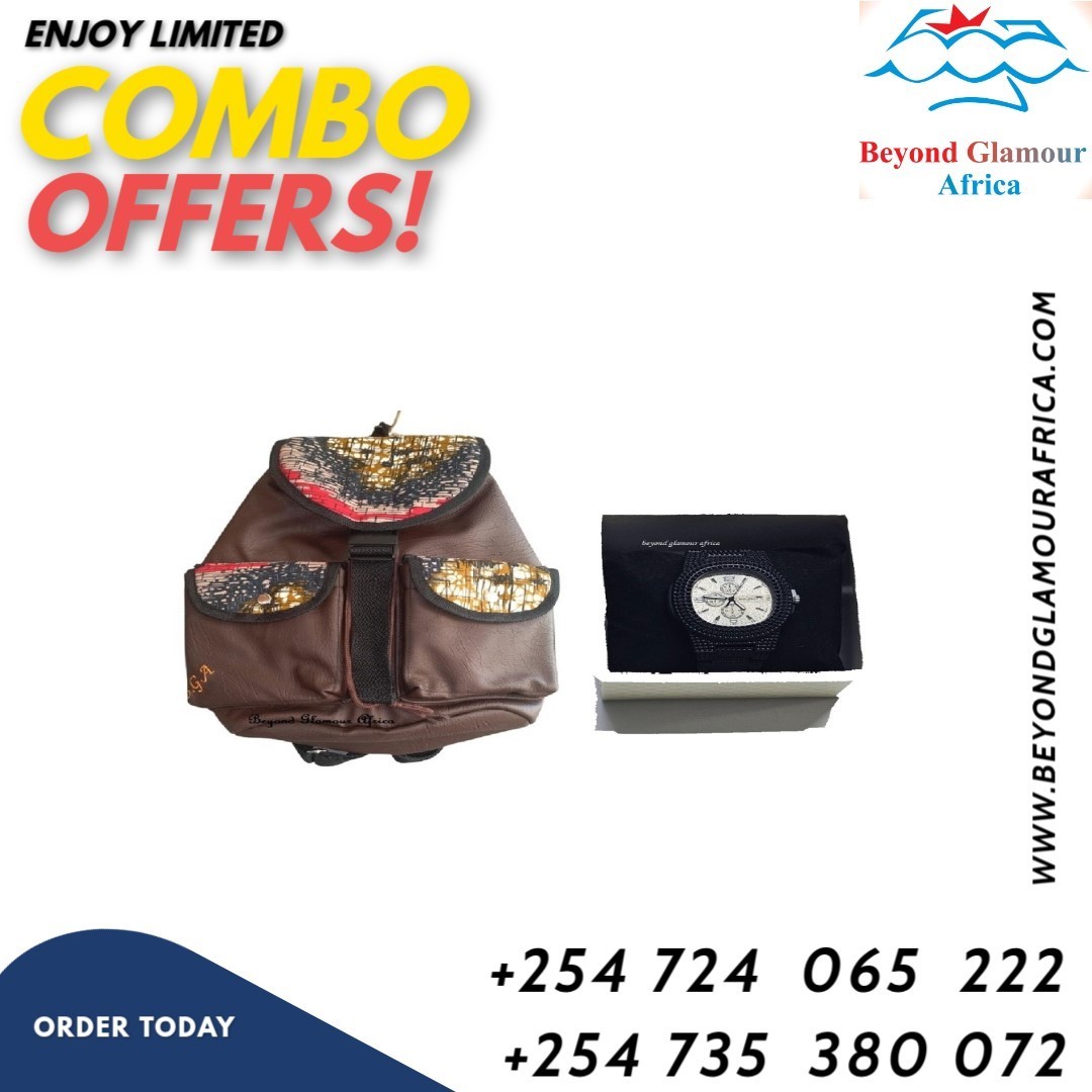 A brown leather Ankara backpack and a black wrist watch combo