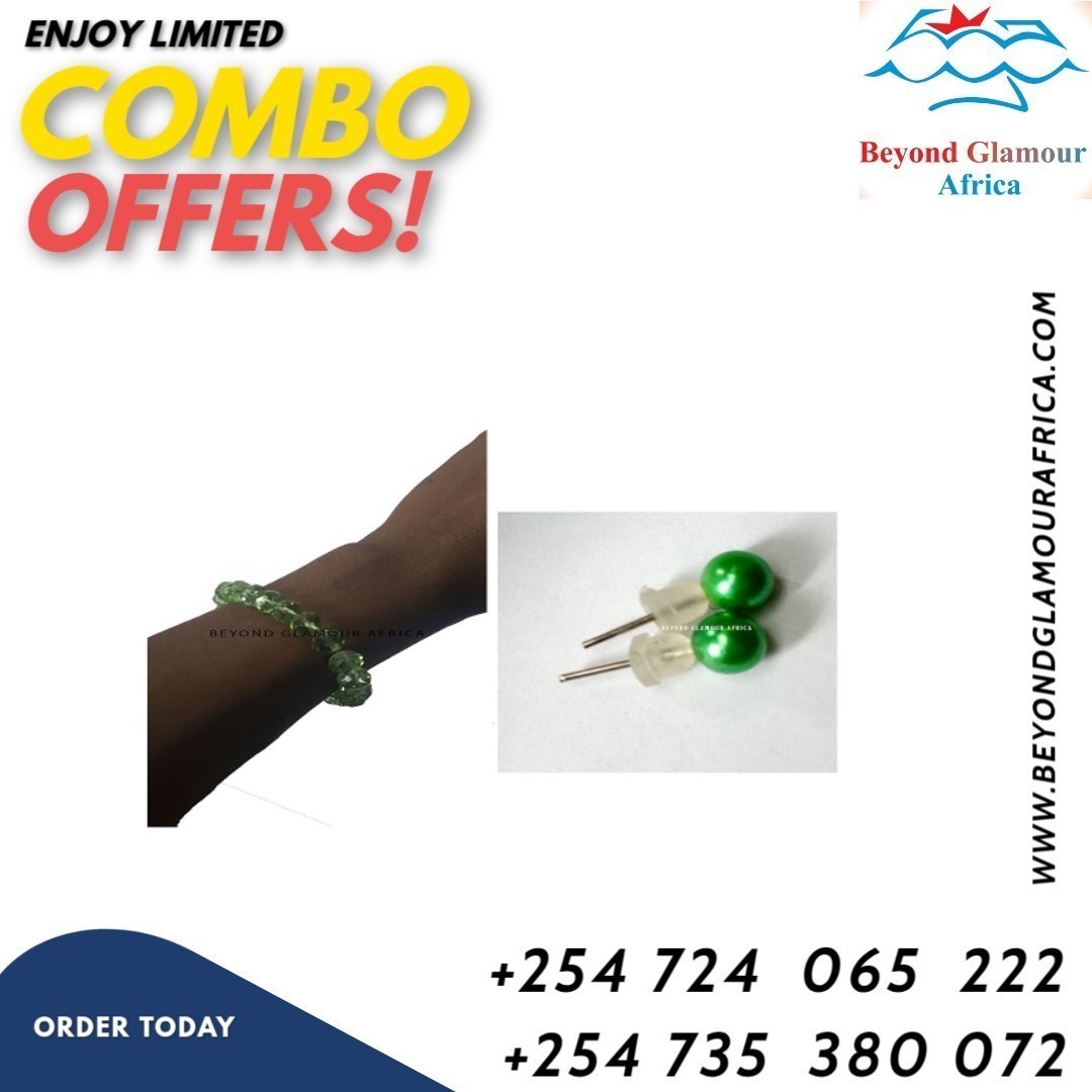 Women's green crystal bracelet and green pearl earrings combo.