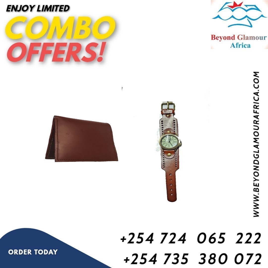 Men's brown leather wallet and a brown vintage leather watch combo