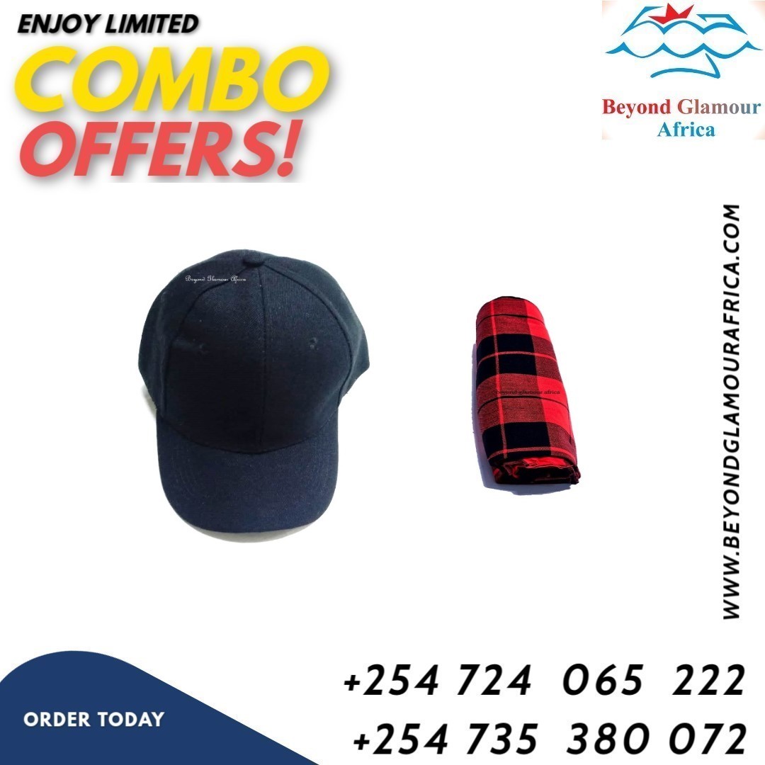 A black baseball cap and a black and red maasai shuka combo very fashionable to have