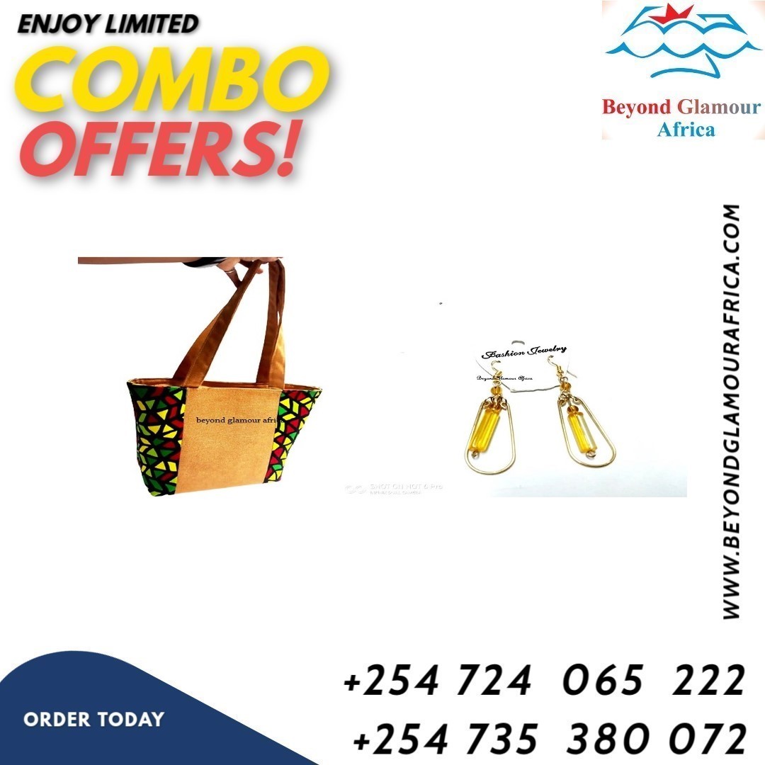 Ladies Ankara canvas handbag and a yellow crystal gold earrings combo