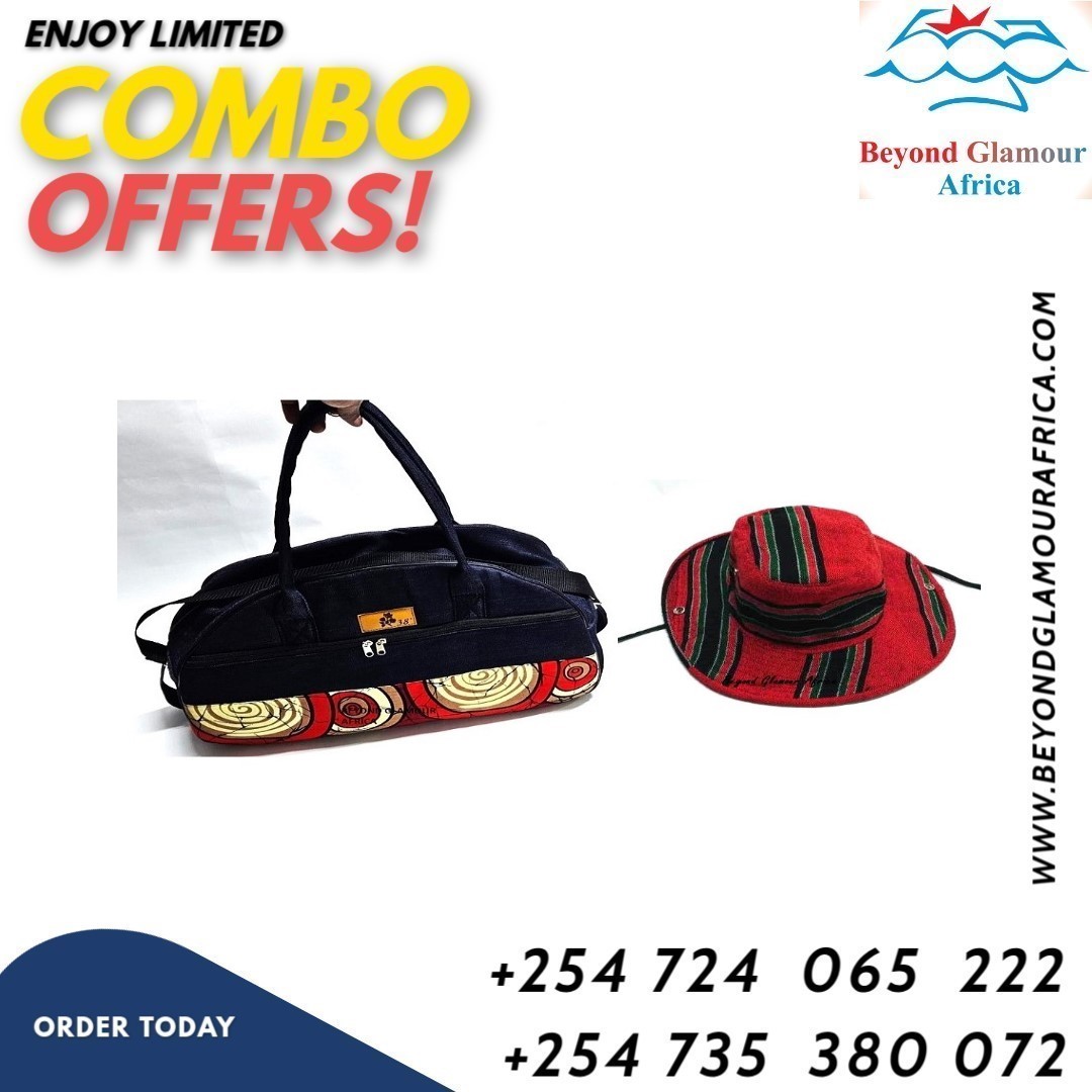Unisex denim Ankara travelling bag and a multicolored sunhat combo