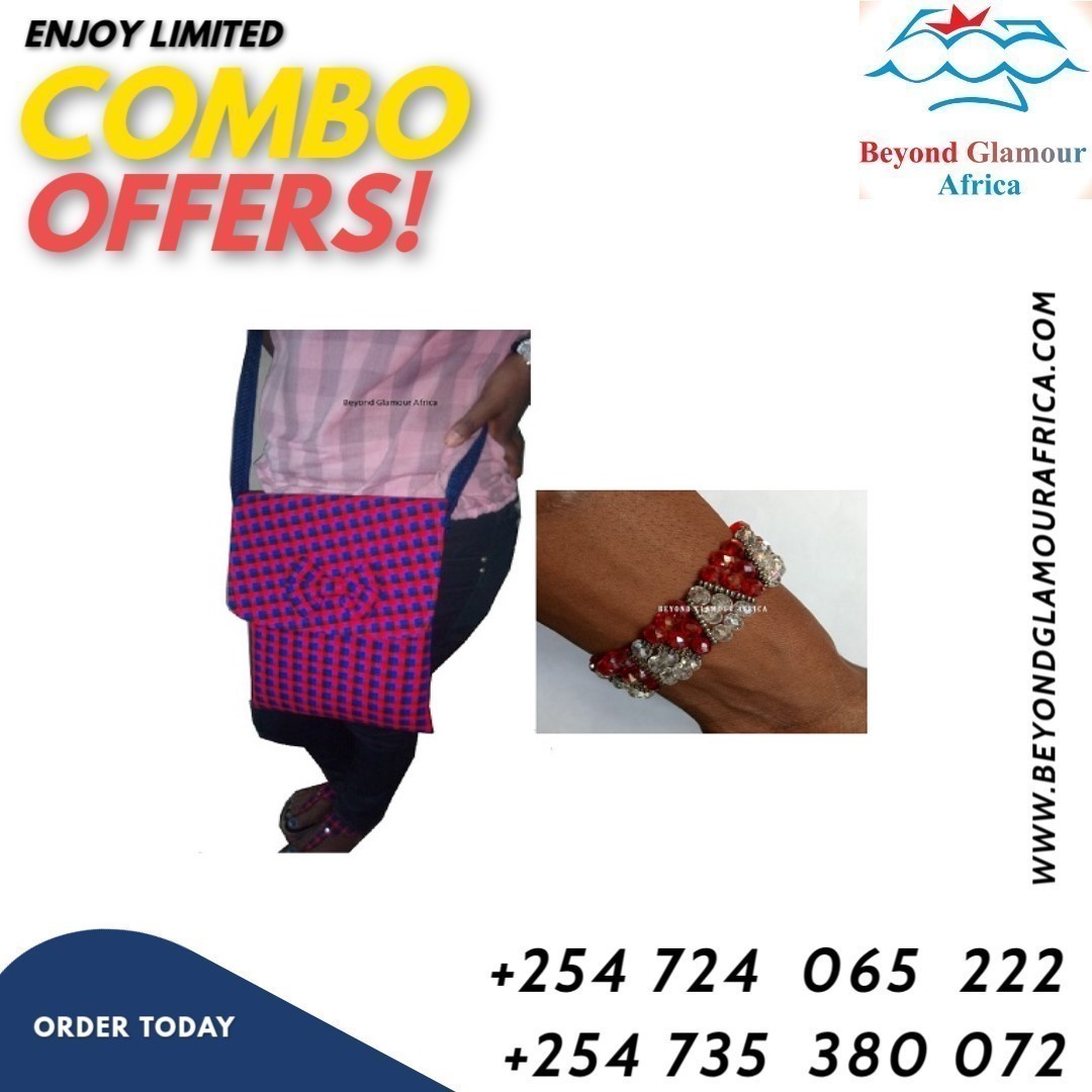 A maasai blue and pink sling bag and a red triple crystal bracelet combo