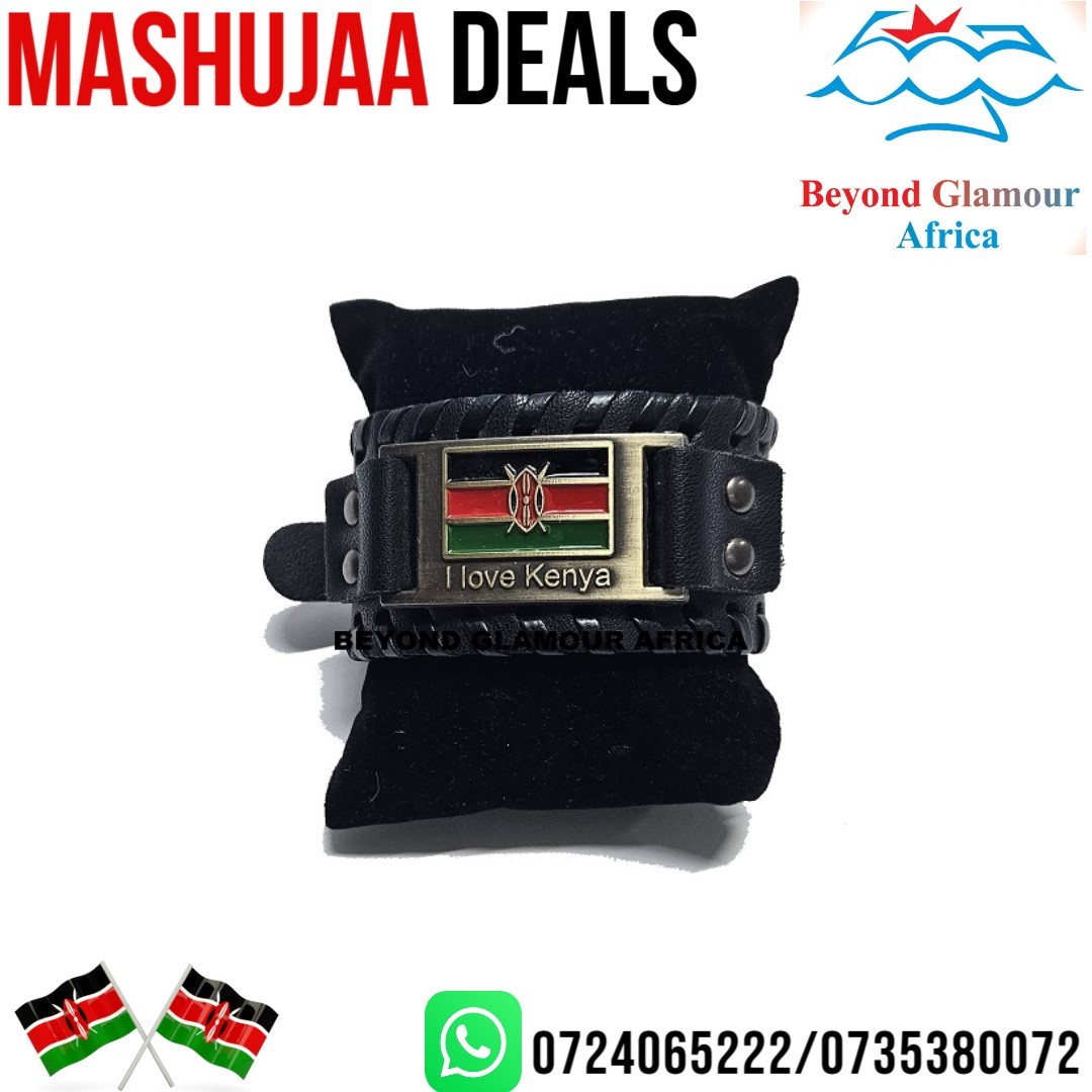 A black leather bracelet with a symbol ' I LOVE KENYA' readily available