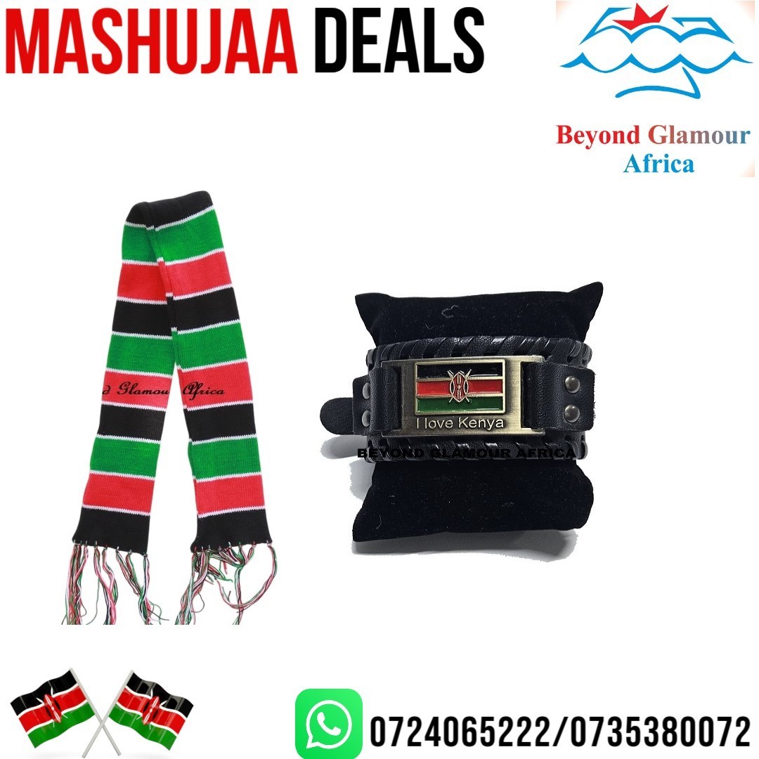 A combo of Kenyan knitted scarf and a black leather bracelet with ' I LOVE KENYA' fashionable to have