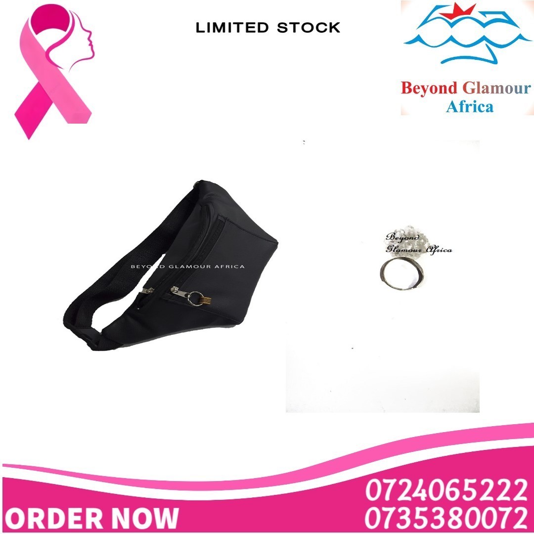 A black leather waist bag and white crystal ring combo