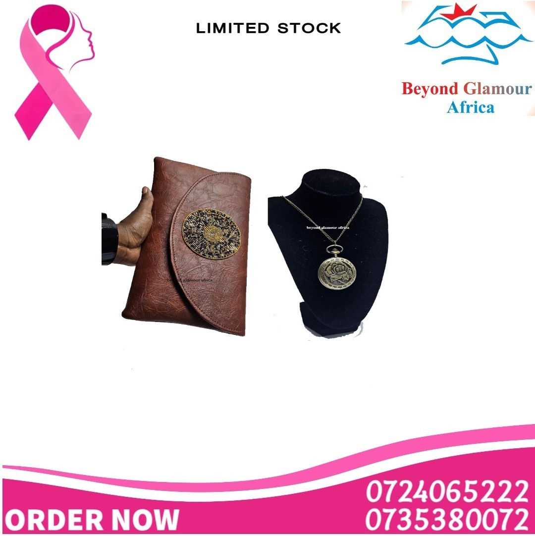 A brown leather clutch bag and a flower pocket watch combo