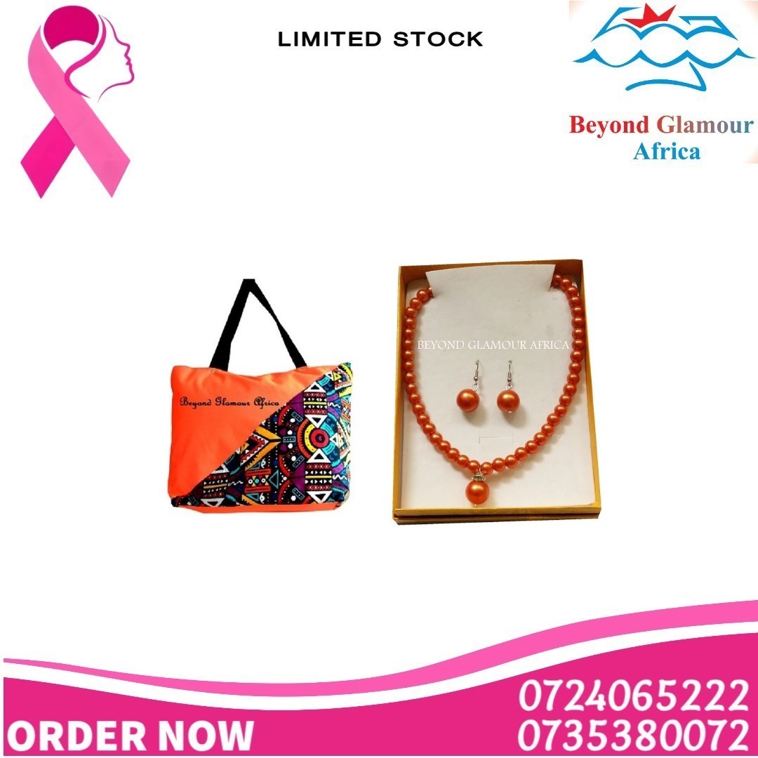 Ladies orange canvas Ankara handbag and orange pearl jewelry set combo