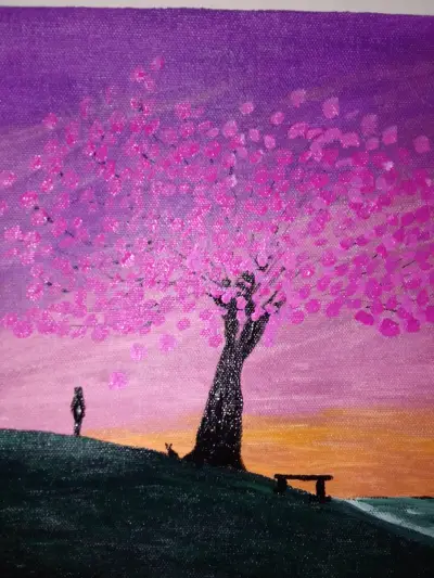 PAINTING OF A CHERRY BLOSSOM AT SUNSET