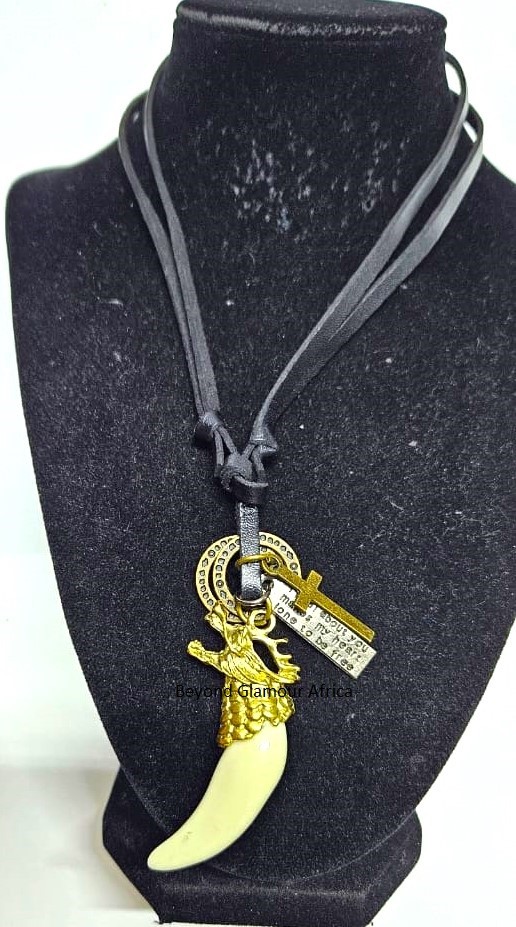 A leather cord for the neck adorned with a horn-like pendant