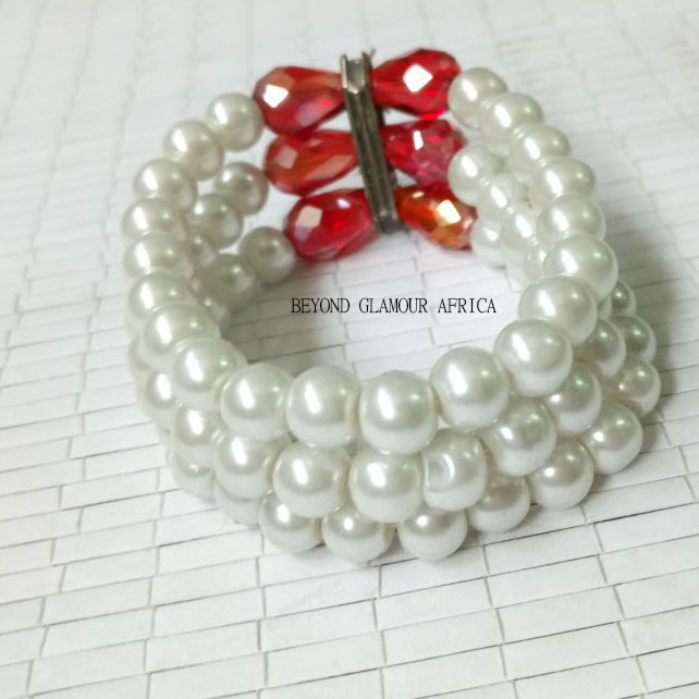elegant red and white pearl triple bracelet for women