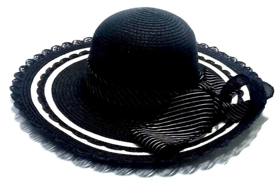 A black and white sunhat designed for mothers and women