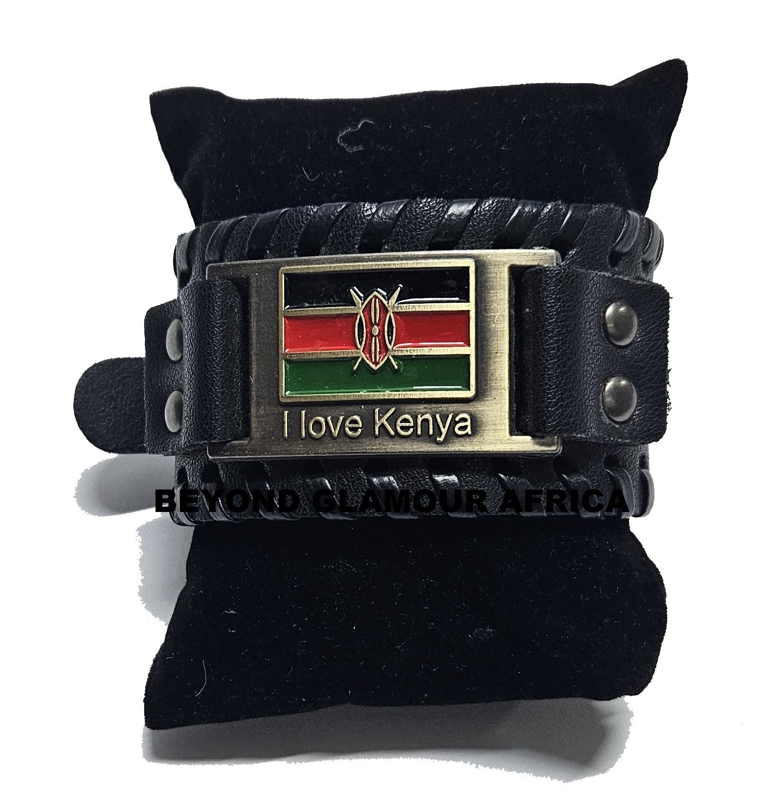 A thick leather engraved bracelet for men with a decoration of the "I Love Kenya"