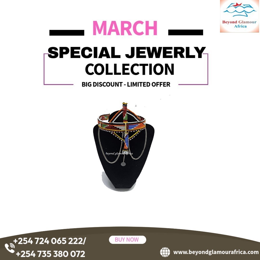 A orange blue maasai head gear with some silver daggling decorations