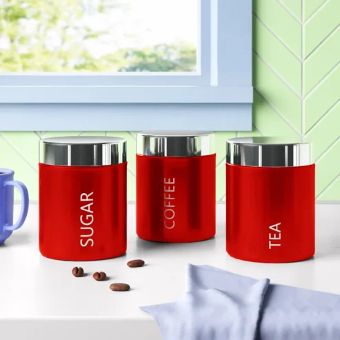 Set of 3 Red Enamel Tea Coffee Sugar Canisters