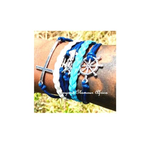A blue multi layered ladies leather bracelet very fashionable