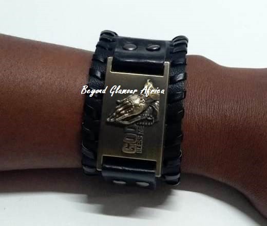 A black prayer leather bracelet