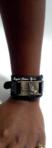 A black prayer leather bracelet