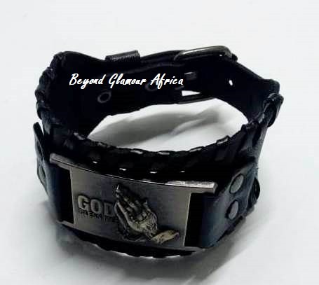 A black prayer leather bracelet