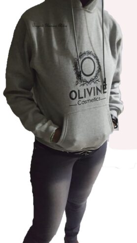 A grey printed hooded fleece