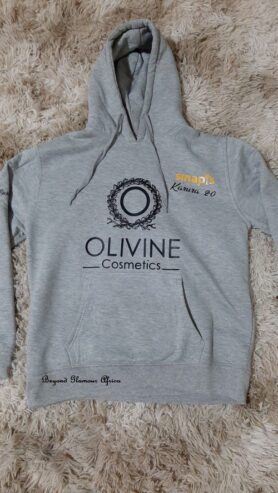 A grey printed hooded fleece