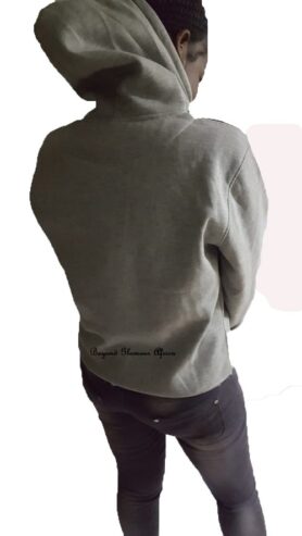 A grey printed hooded fleece